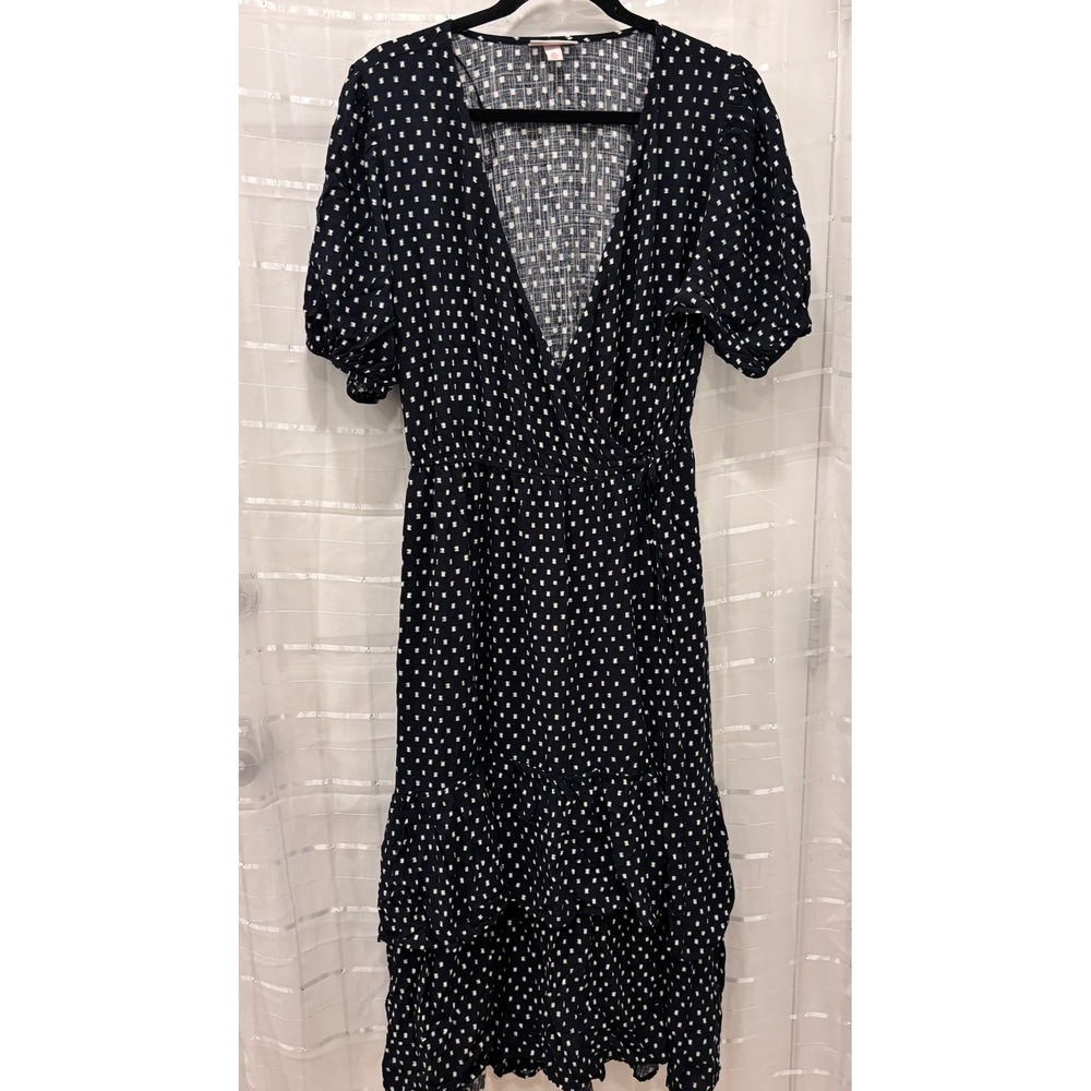 Knox Rose Navy White Patterned Wrap Midi Dress XXL Short Puff Sleeve Tiered Hem